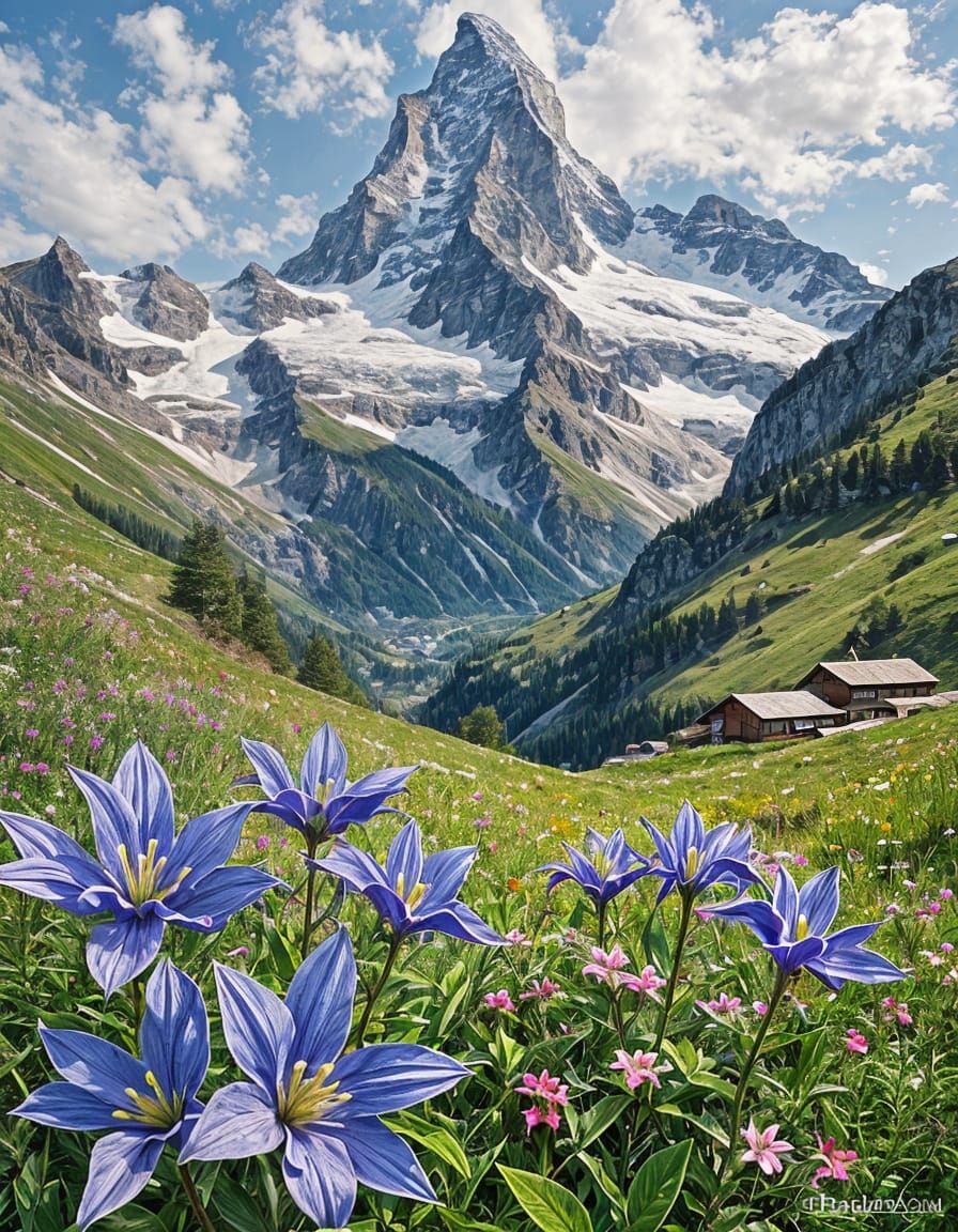 Blue Gentian Flowers with Matterhorn Peak