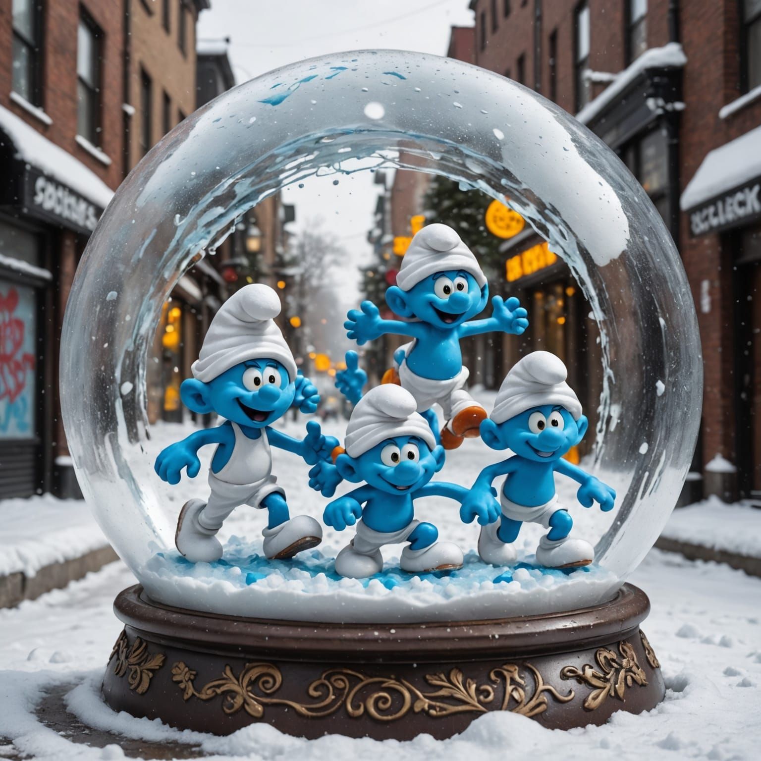 Smurfs running around in a blizzard snow globe