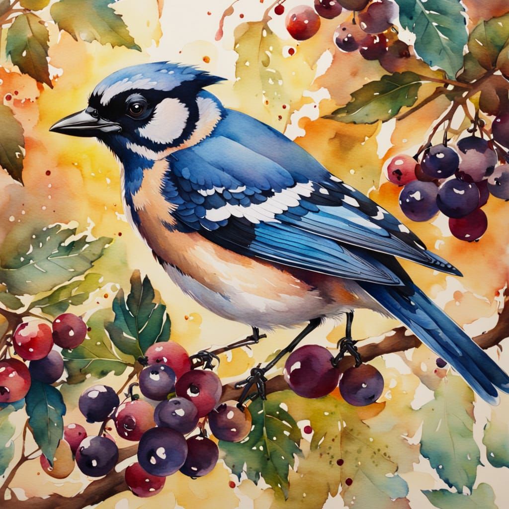 British Jay Foraging Elderberries in Watercolour Painting