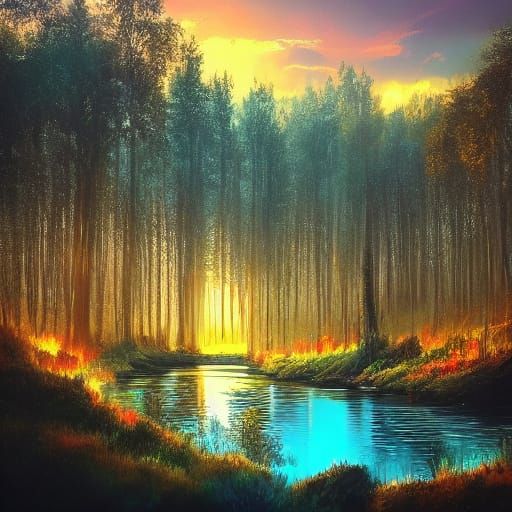 Mysterious Forest River at Golden Hour