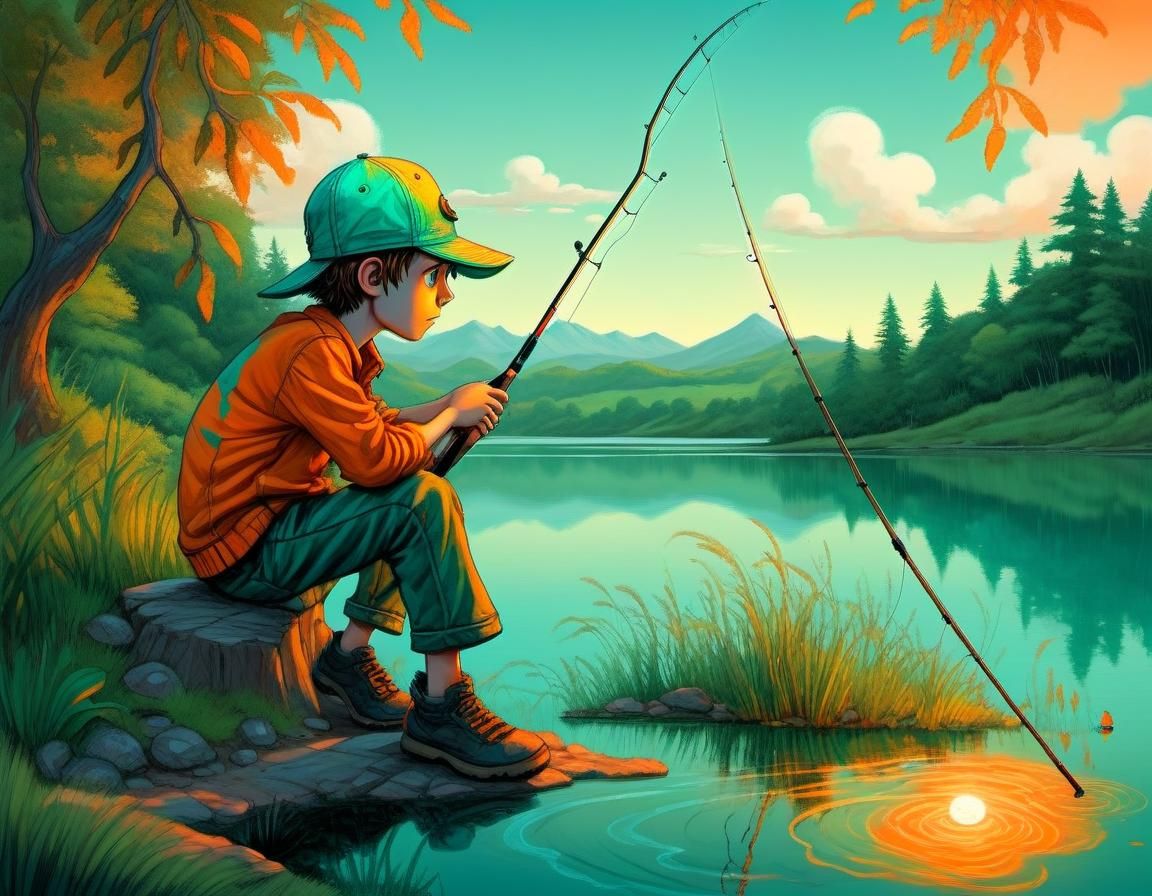 Boy Fishing at Dusk in Tim Burton Style