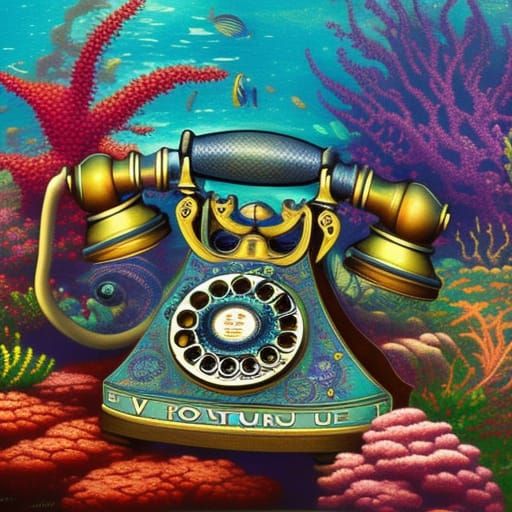 Victorian Telephone at Sea Bottom with Fish
