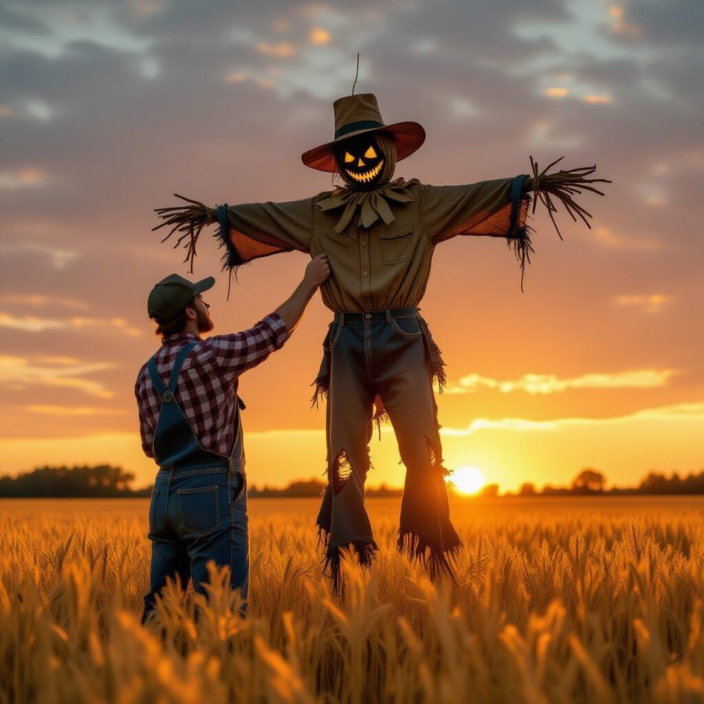 Creepy Scarecrow Hung at Sunset in Golden Field
