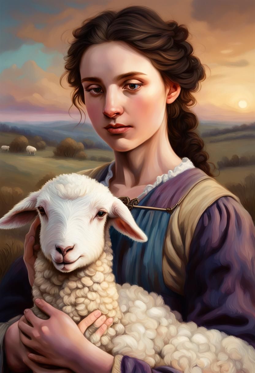 Twilight Shepherdess with Lamb in Romantic Realism