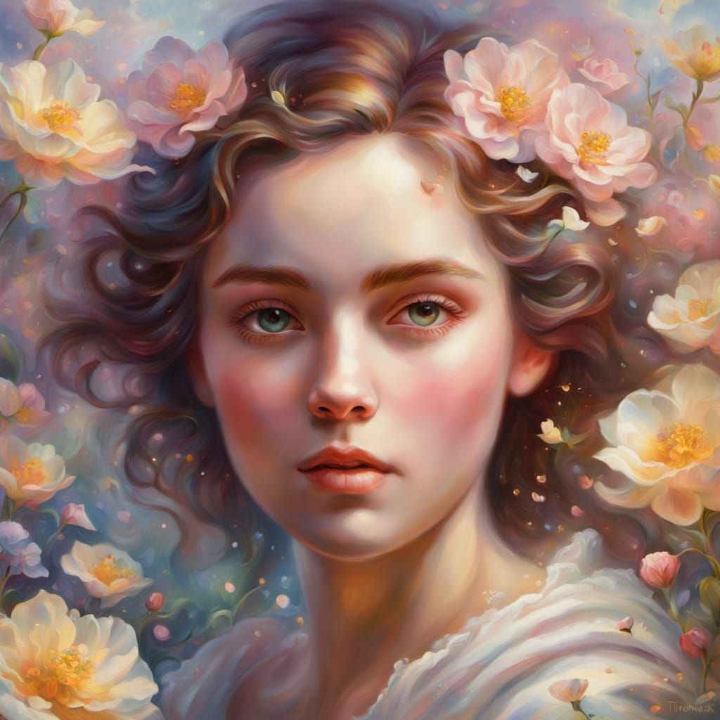 Woman Born from Flowers: Surreal Oil Painting