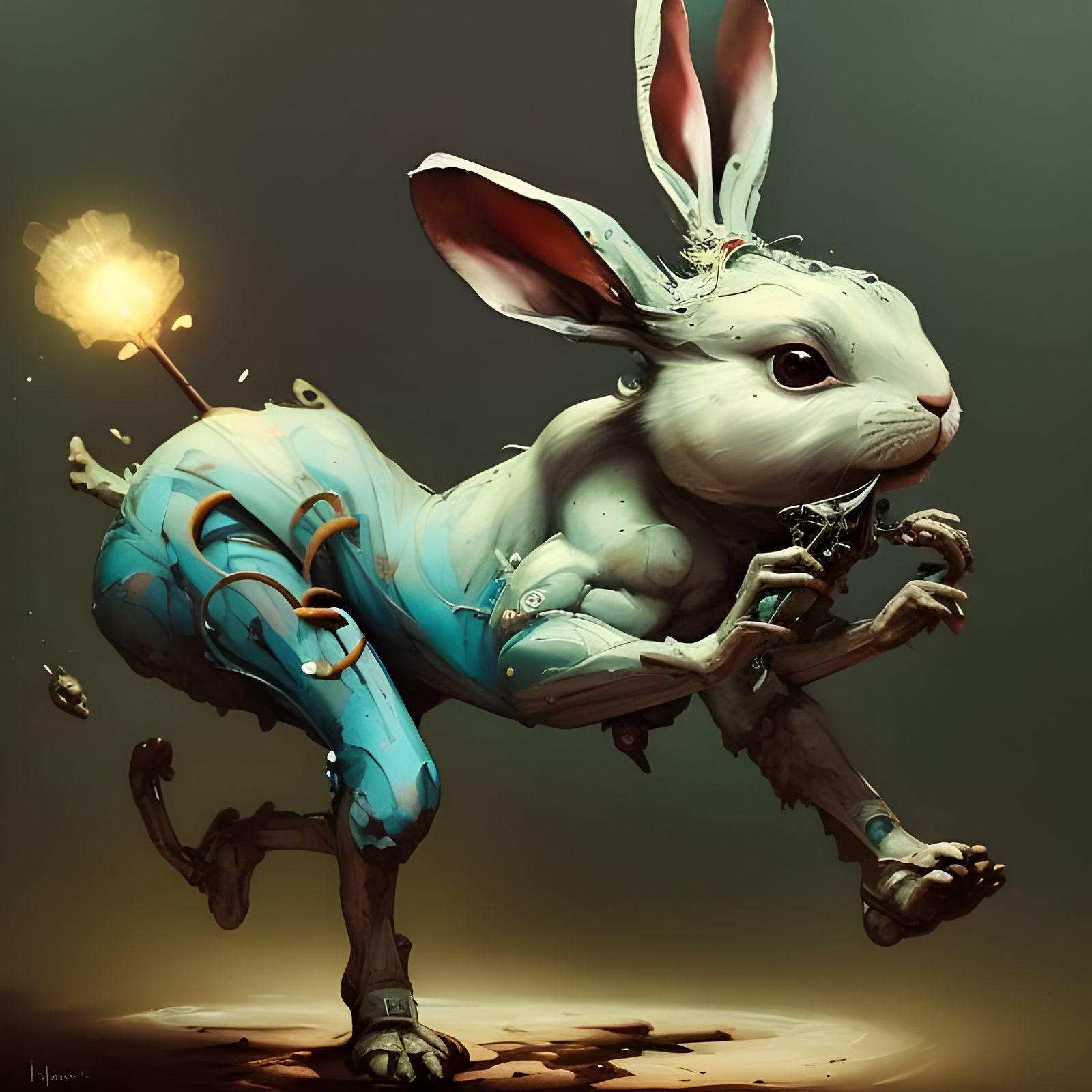 Hyperdetailed Running Bunny Gouache Illustration