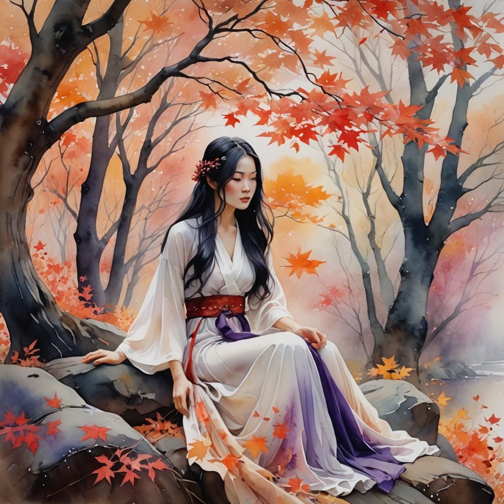 Ethereal Woman in Autumn Dreamscape Watercolor