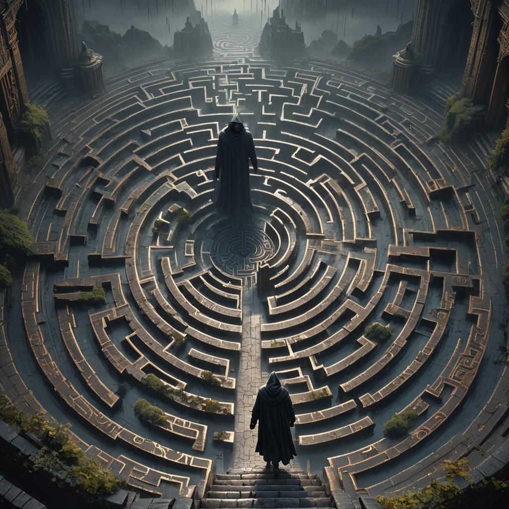 Cloaked Figure Navigating Infinite Labyrinth: Dark Fantasy A...