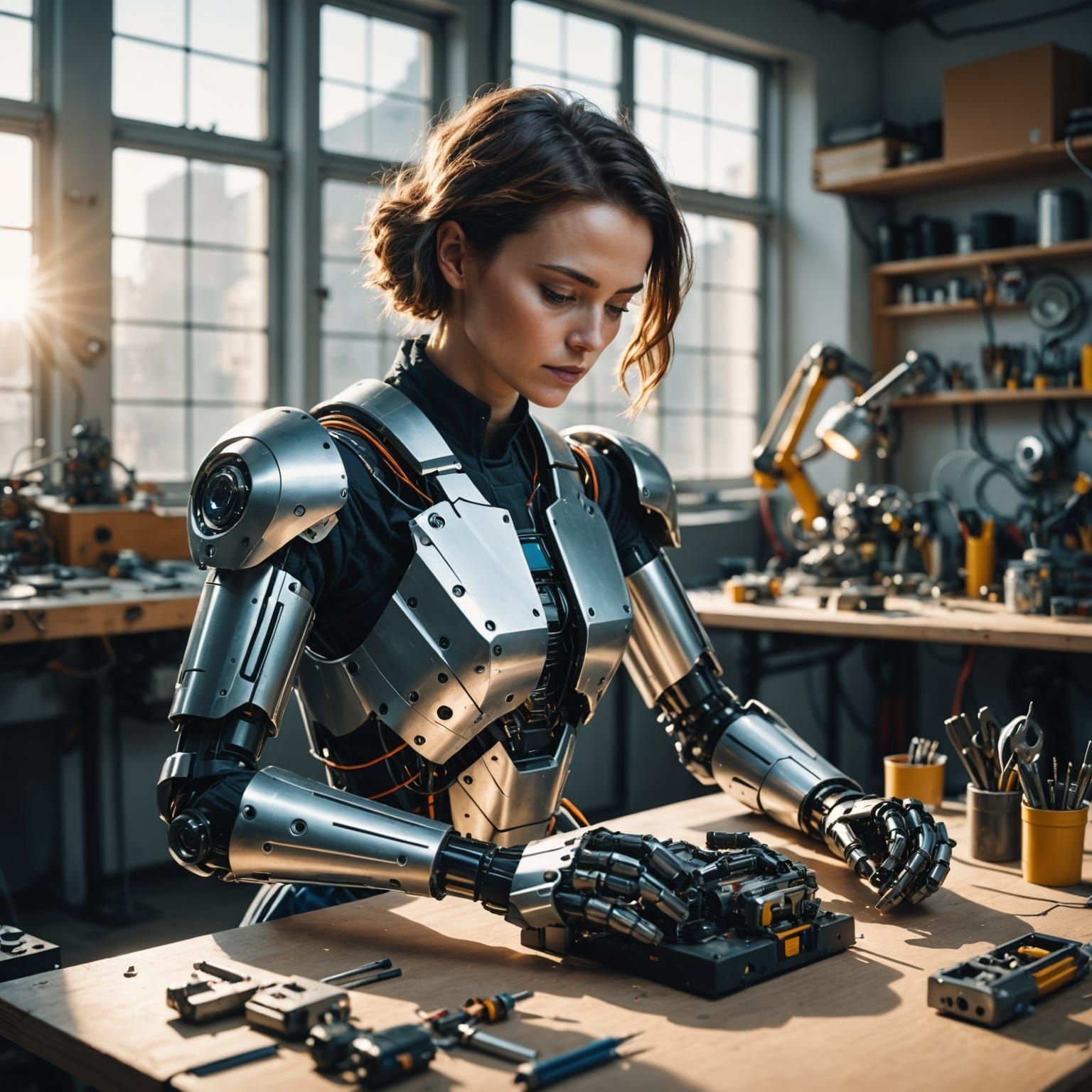 Woman Repairs Futuristic Robot in Sunlit Workshop