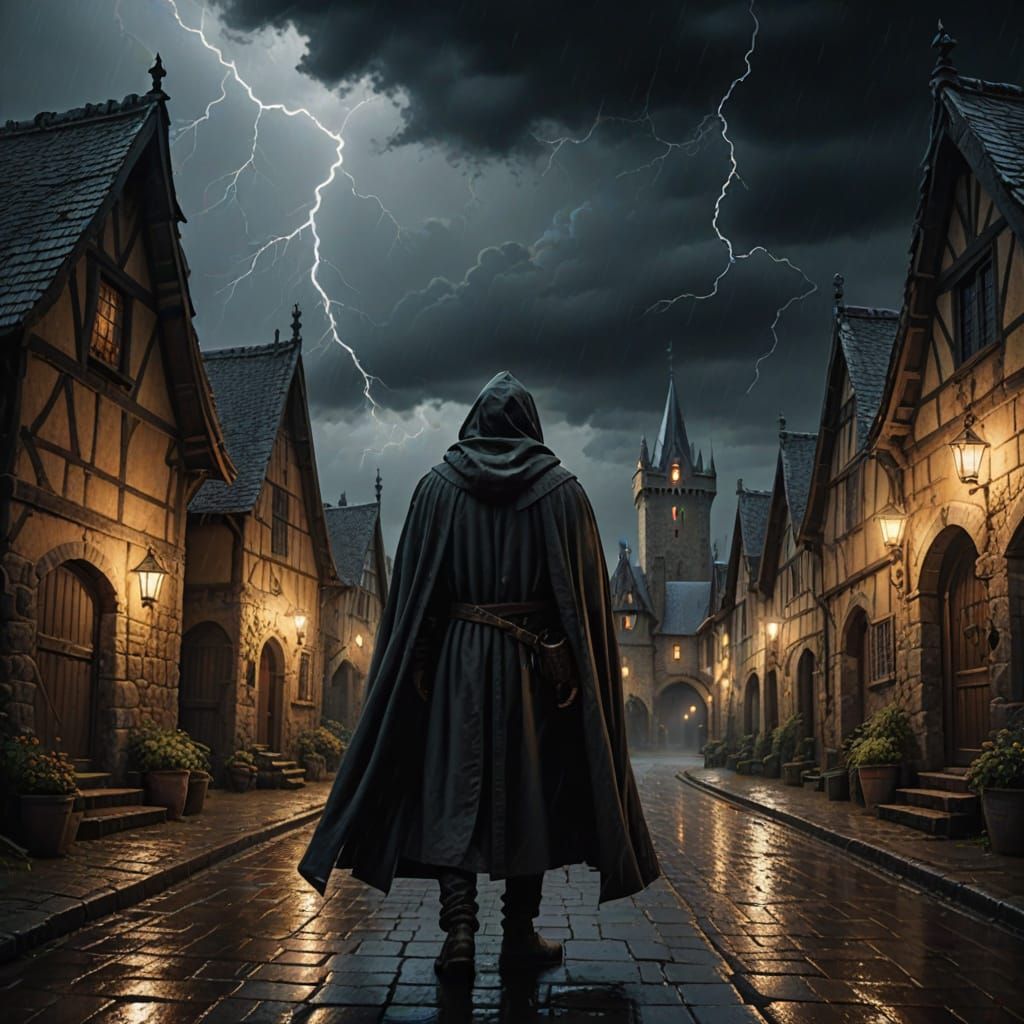 Medieval Village Under Stormy Night Sky in Gothic Oil Painti...