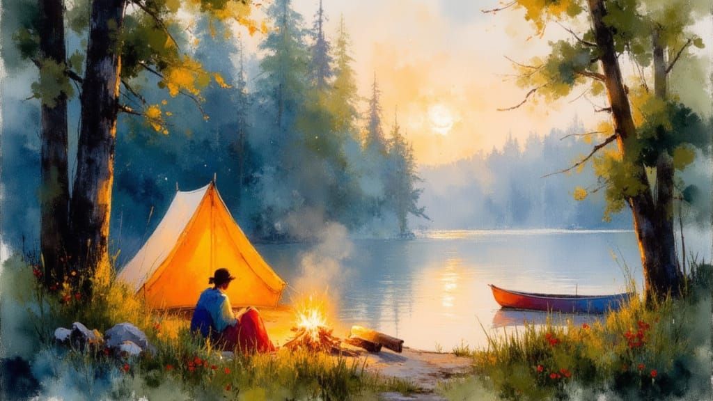 Lakeside Campsite at Dusk in Watercolor Style
