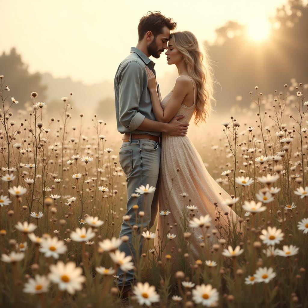 Romantic Couple Amidst Wild Daisies in Soft Sepia Tones