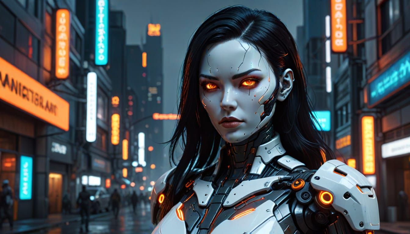 Cyberpunk Android Gynoid in Futuristic Cityscape
