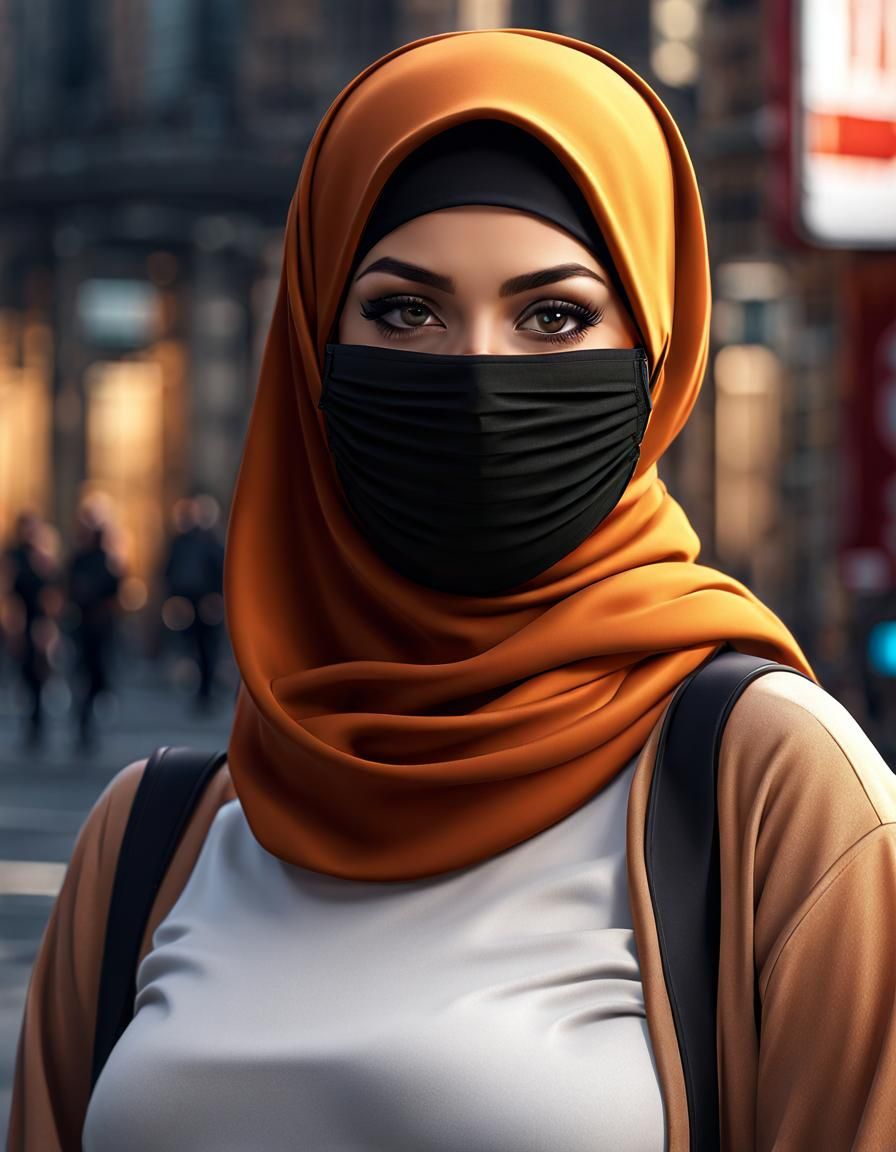 European Girl in Hijab and Facemask: Digital Art