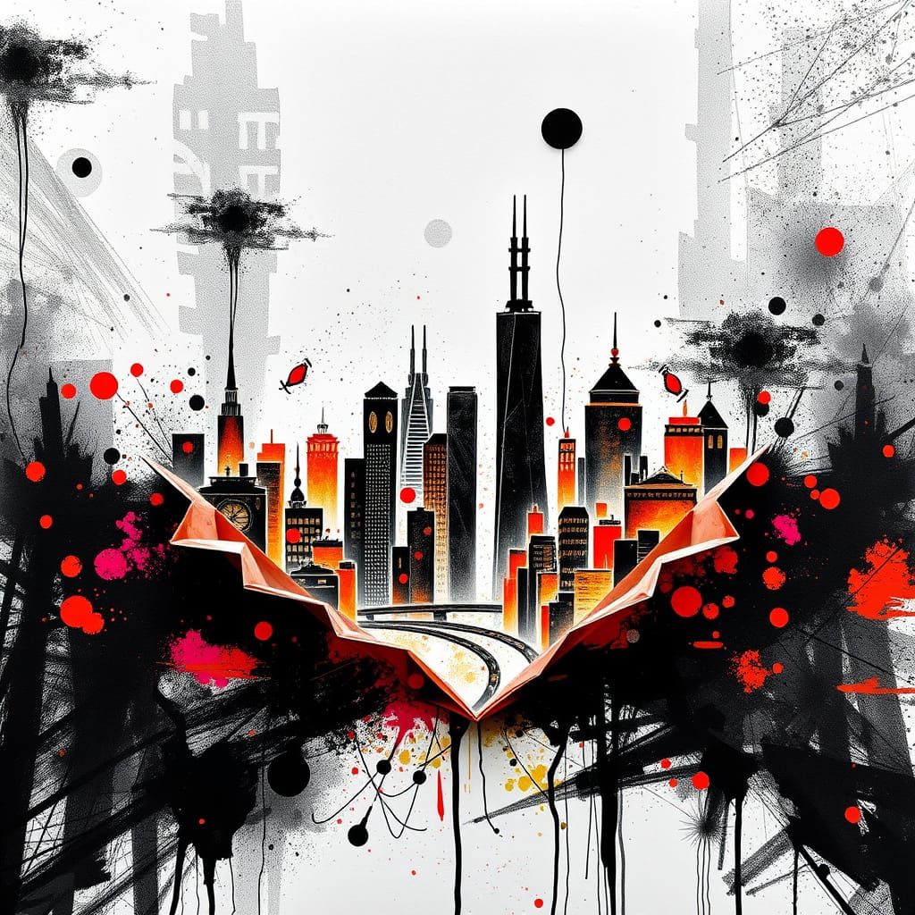 Abstract Cityscape in Origami Filigree with Ink Wash