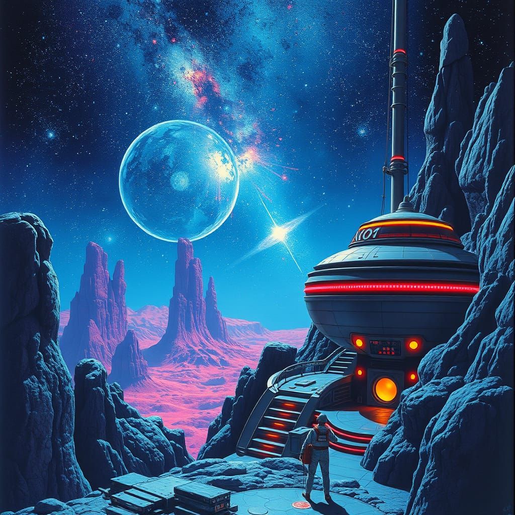 Psychedelic Spaceship Landing on Sci-Fi Planet