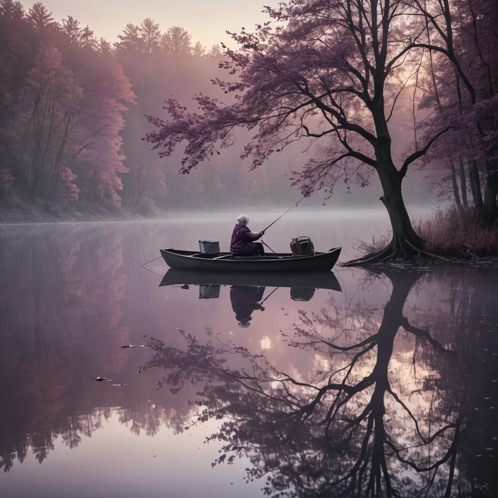 Monochrome Purple Sunset Over Lake With Woman Fishing