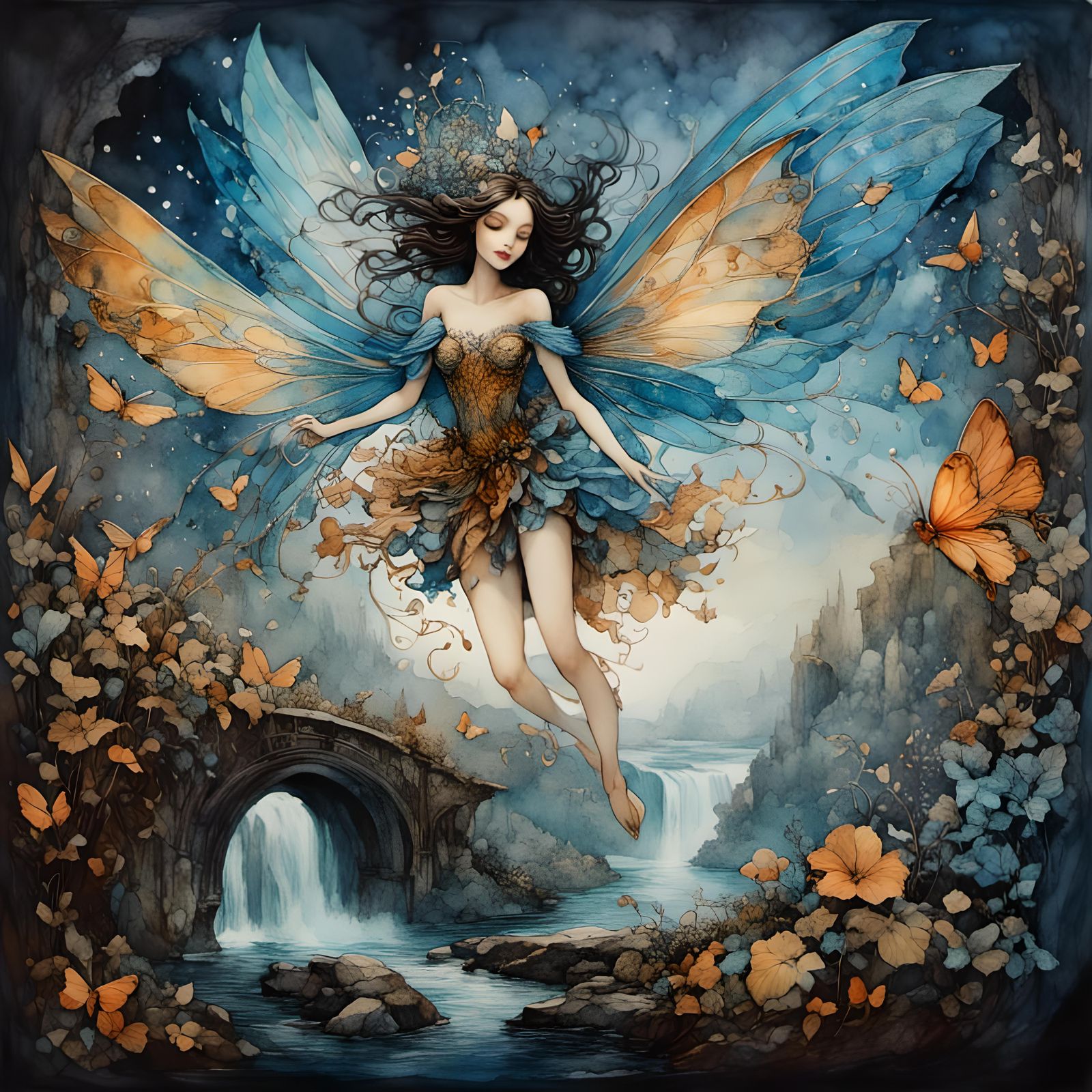 <lora:RomanticWatercolor:1.0> hyperdetailed, hyperdetailed beautiful fantasy fairy with perfect wings, flying over a riv...