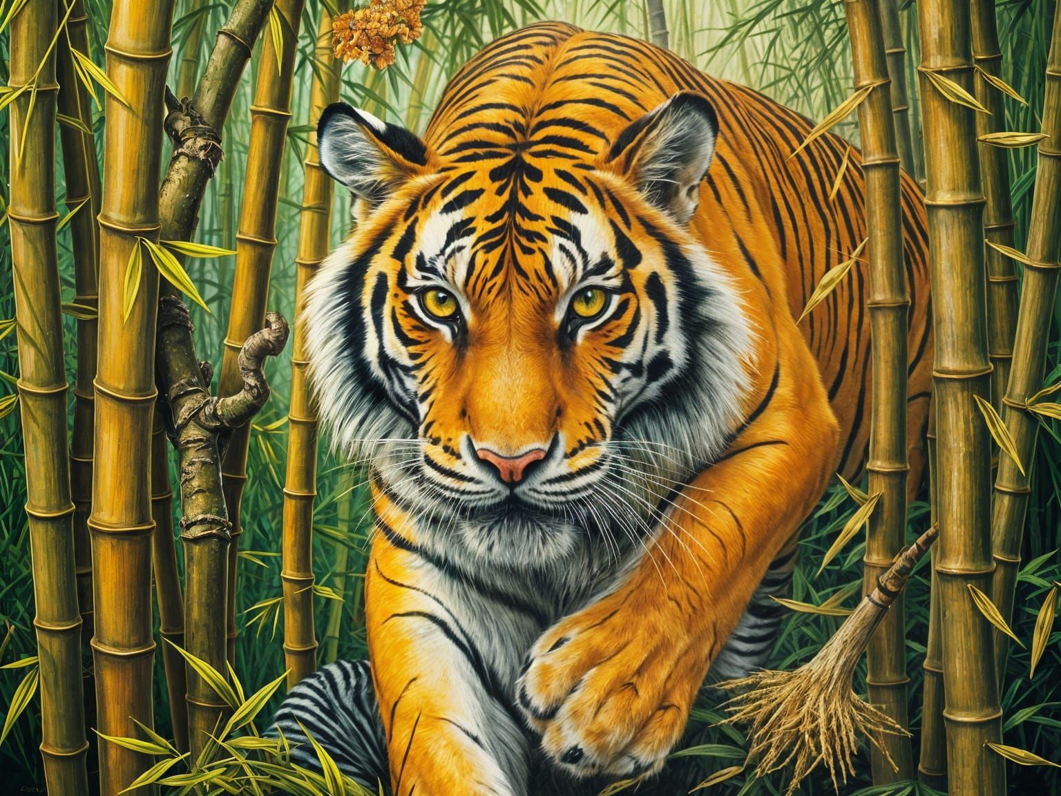 Surreal Tiger in a Vibrant Bamboo Forest