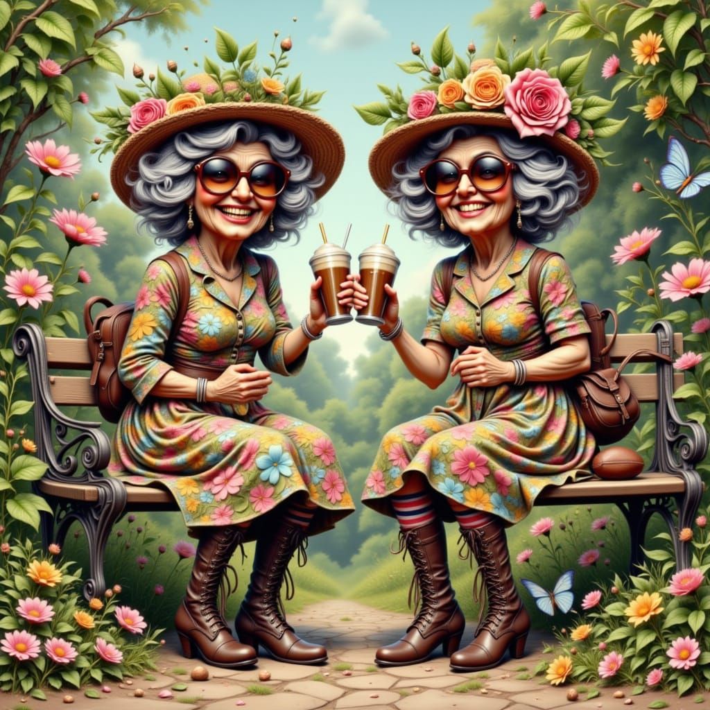 Playful Grannies Share Coffee on a Sunny Afternoon