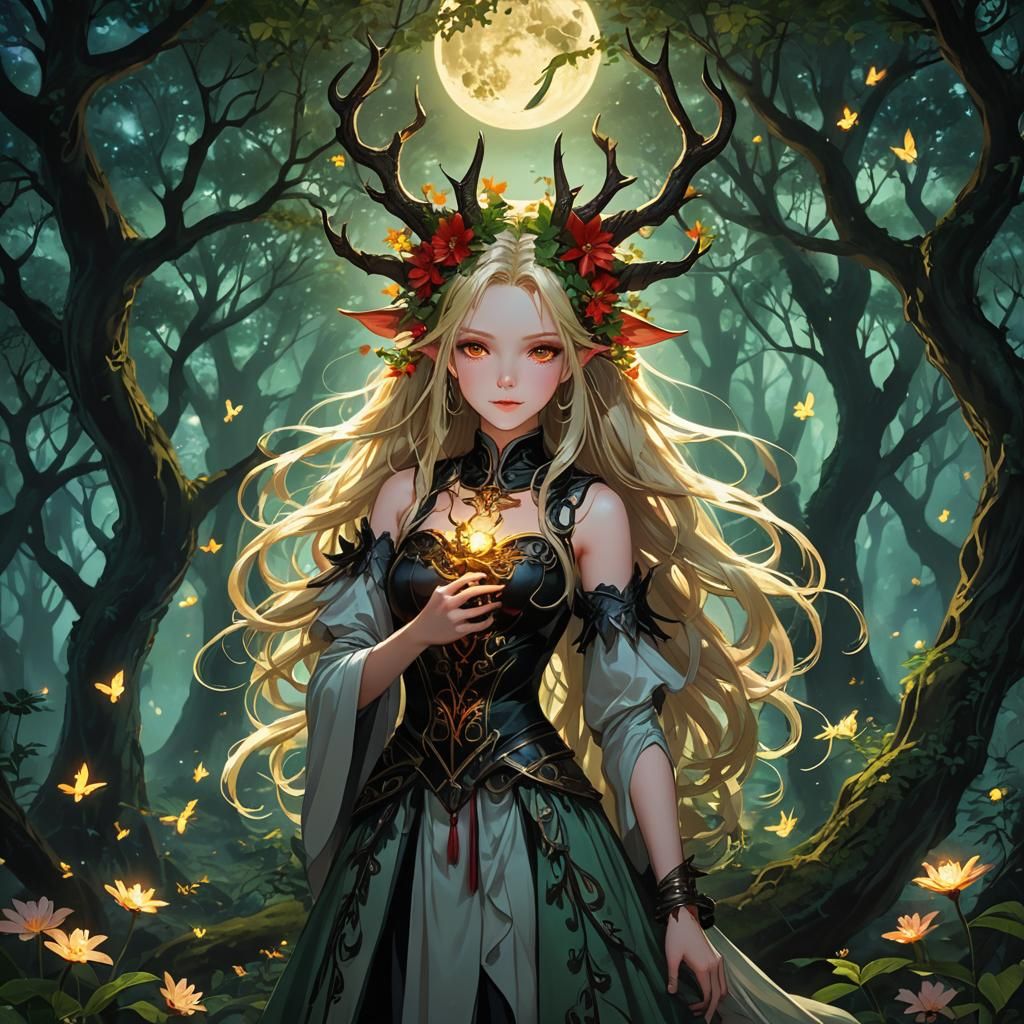 In a forest's heart, ancient trees guard, twisted roots and aglow leaves cast ethereal shadows; a mystical moon oversees...