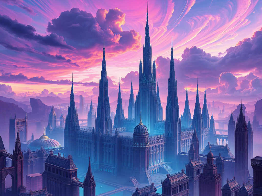 Surreal Cityscape with Iridescent Sky in Dreamlike Style