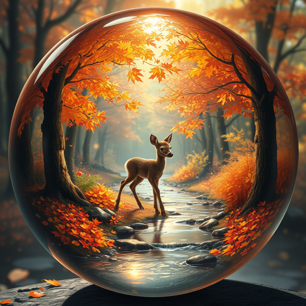 Autumn Orb: Hyperdetailed Fall Scene with Baby Deer