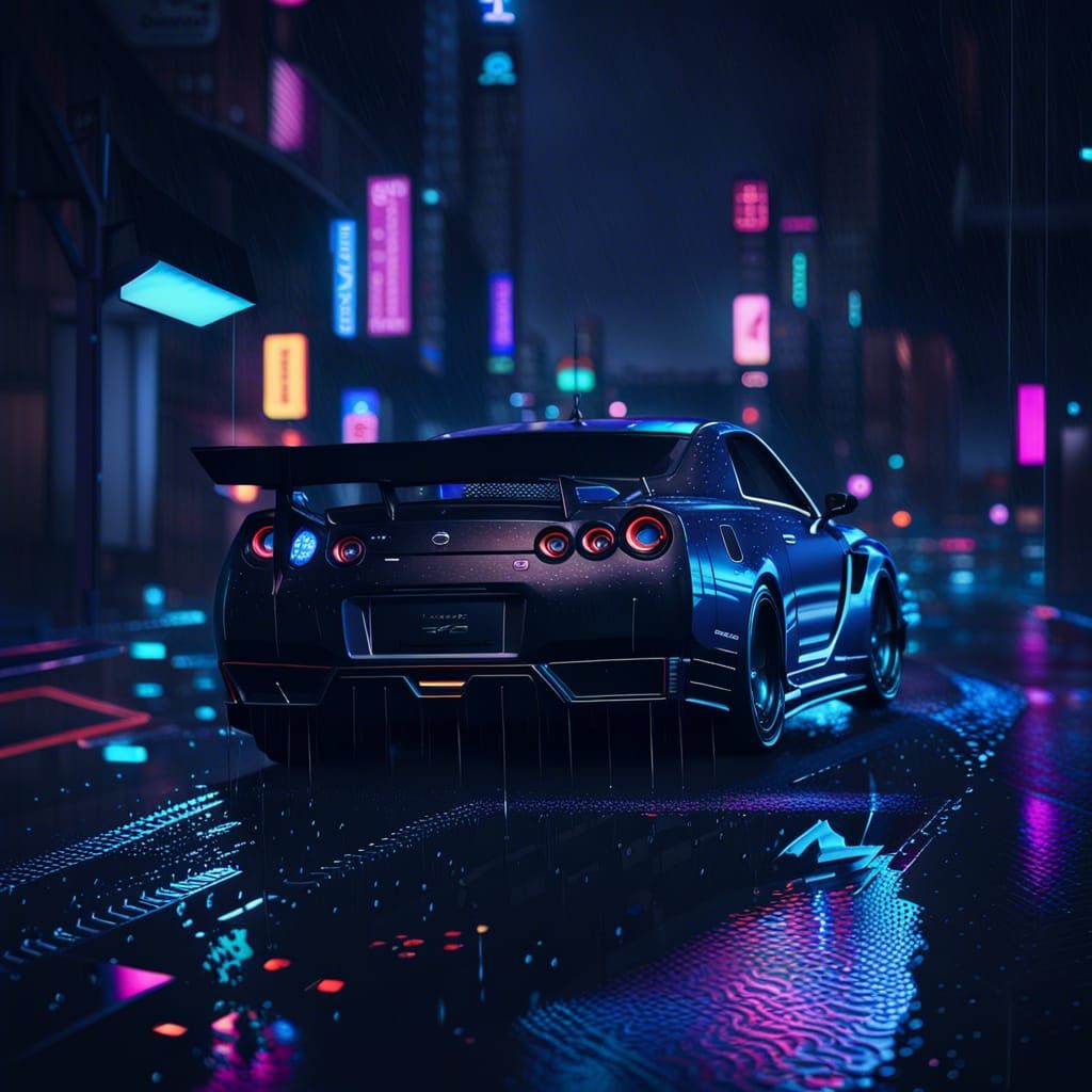 Black Nissan Skyline GT-R in Neon City Rain