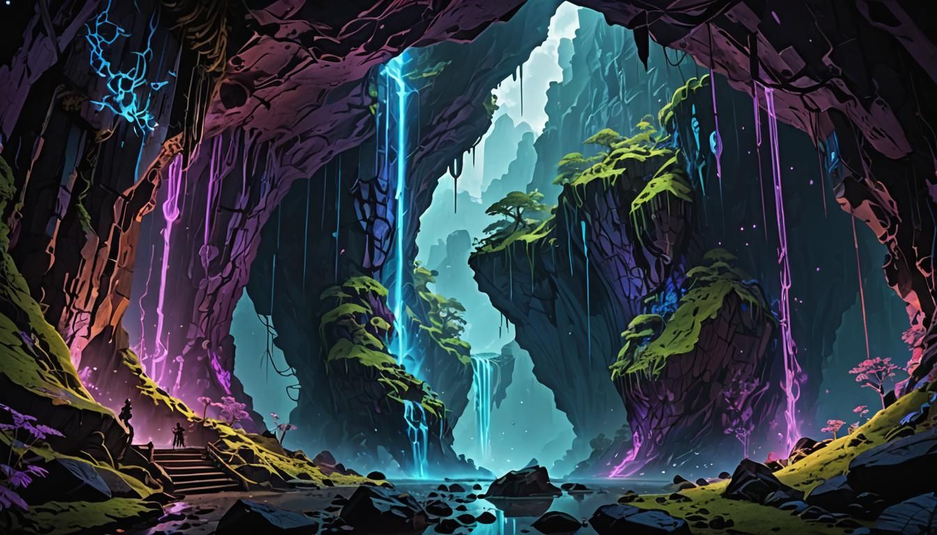Epic Sci-Fi Fantasy Cave with Purple Waterfall