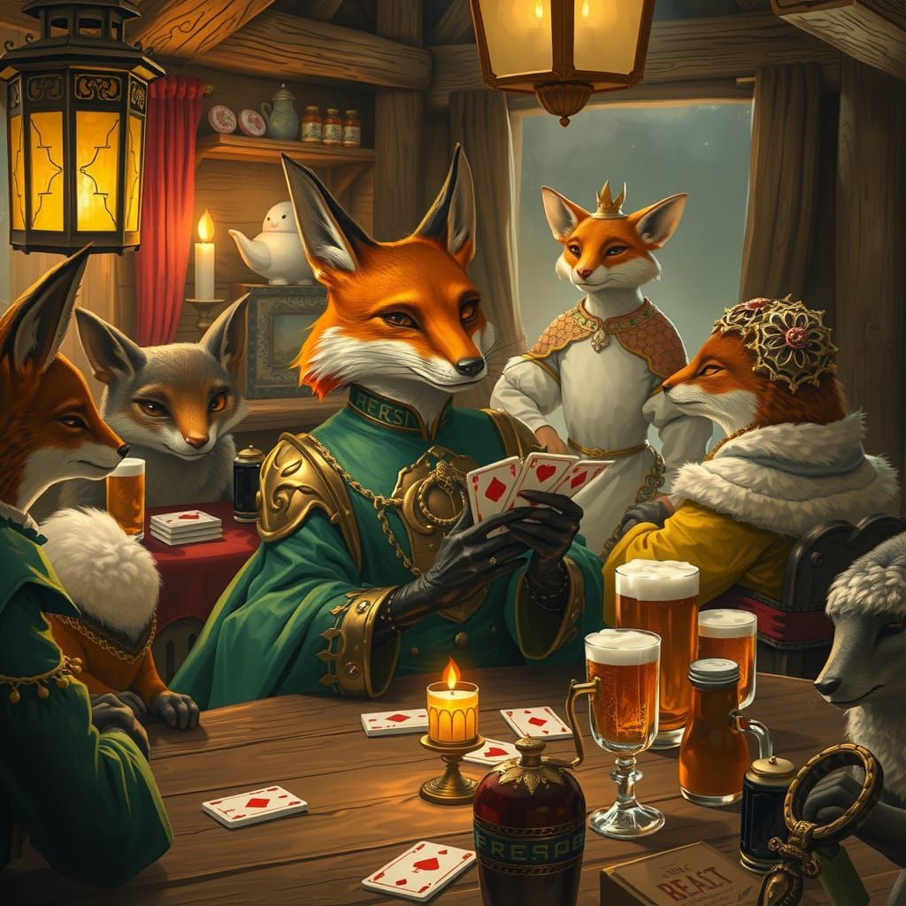 Refined Fox Deals Cards in Enchanted Tavern