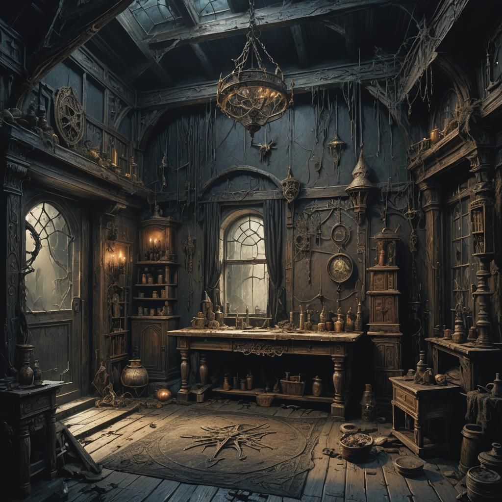 Witch's Back Room Illustration in Dark Fantasy Style