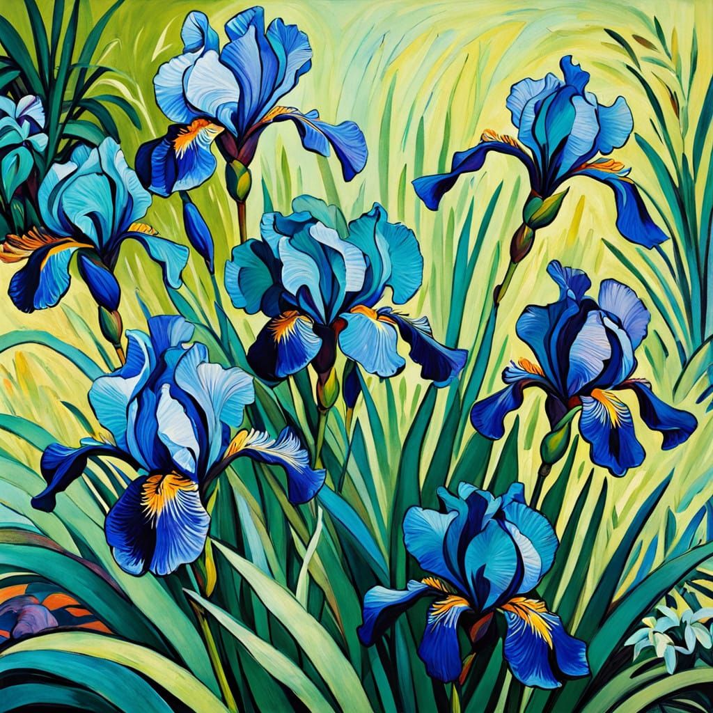Vibrant blue Iris flowers.