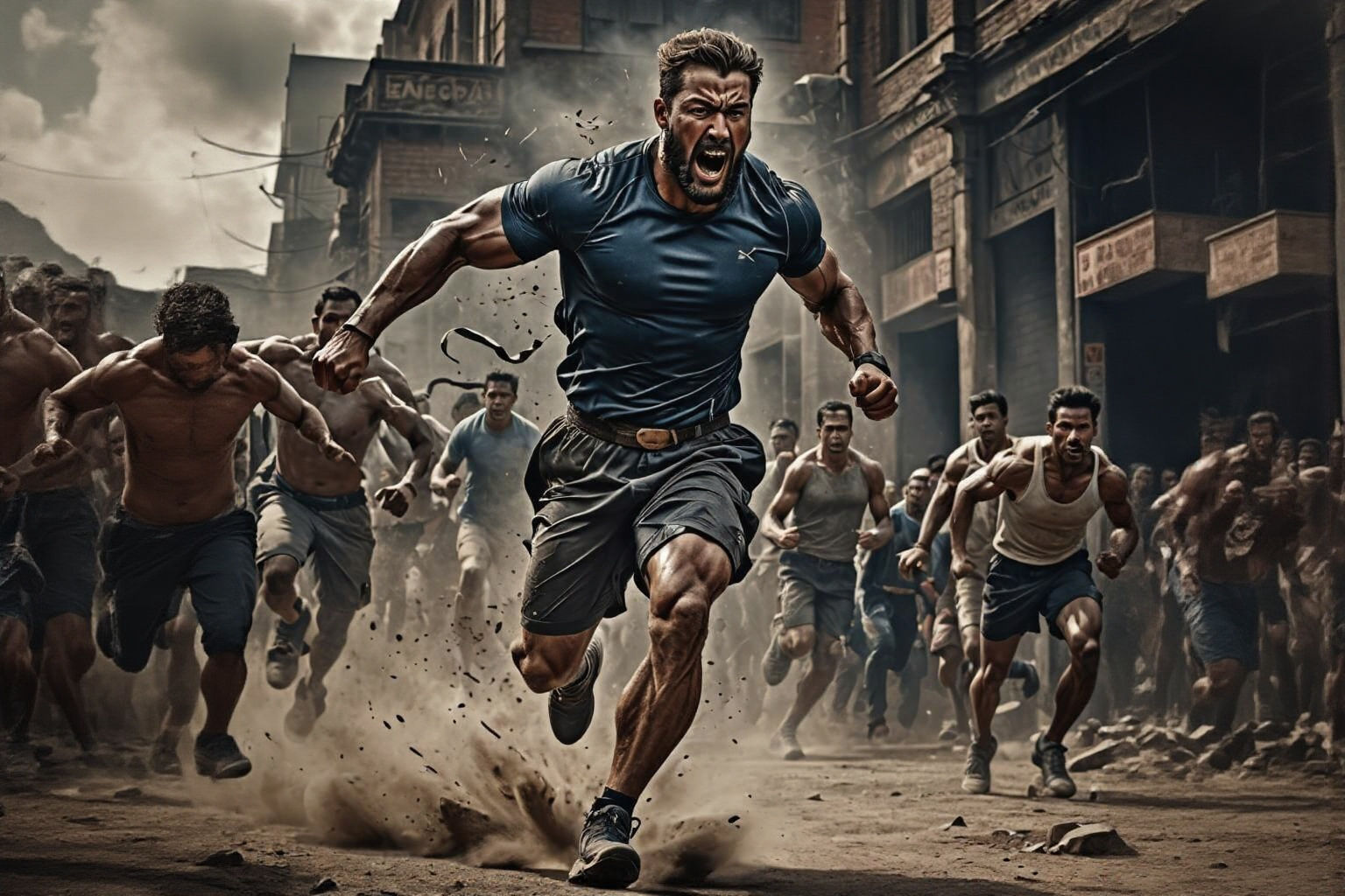 Hyperrealistic Strong Man Running with Energy