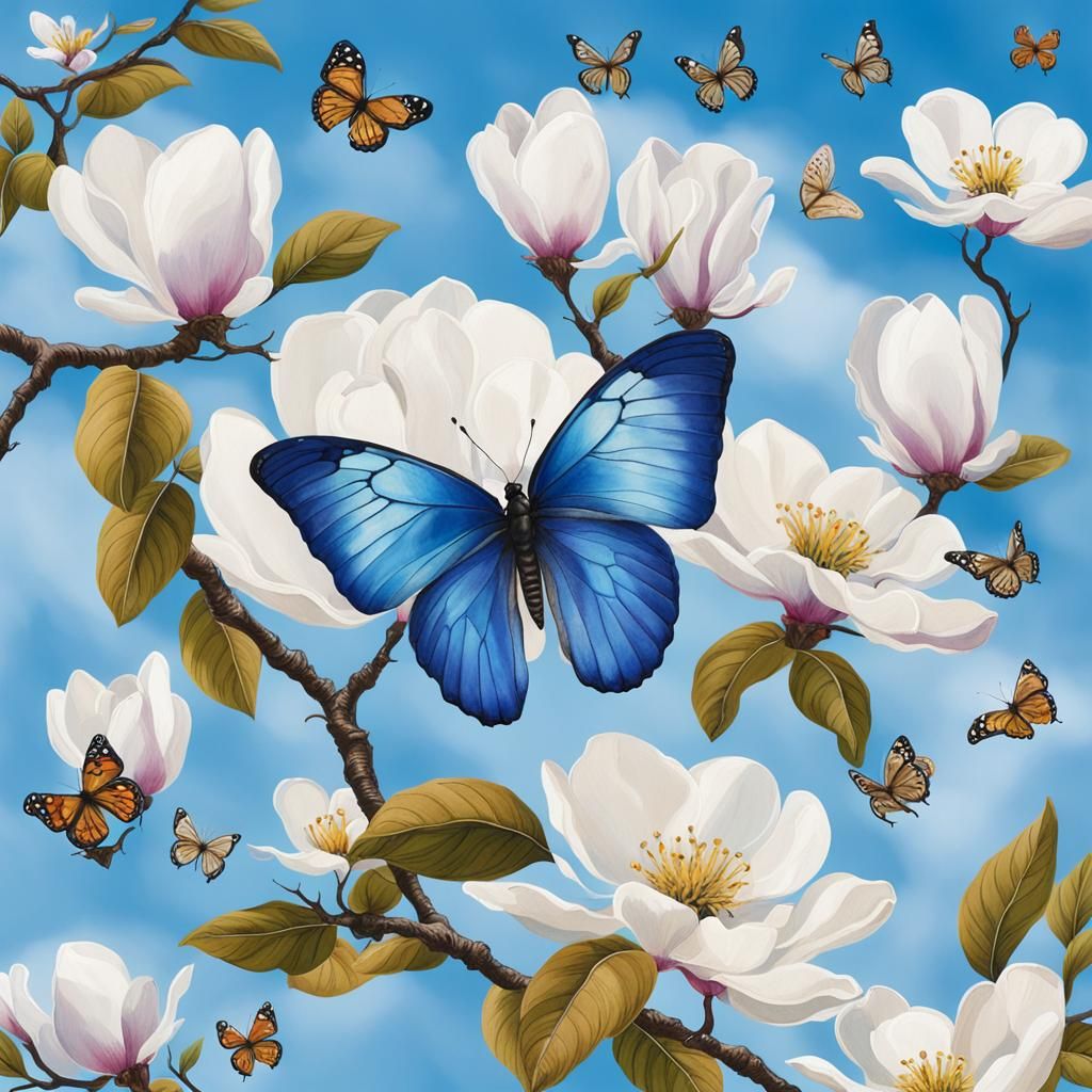 Magnolia Avenue with Butterflies in a Blue Sky