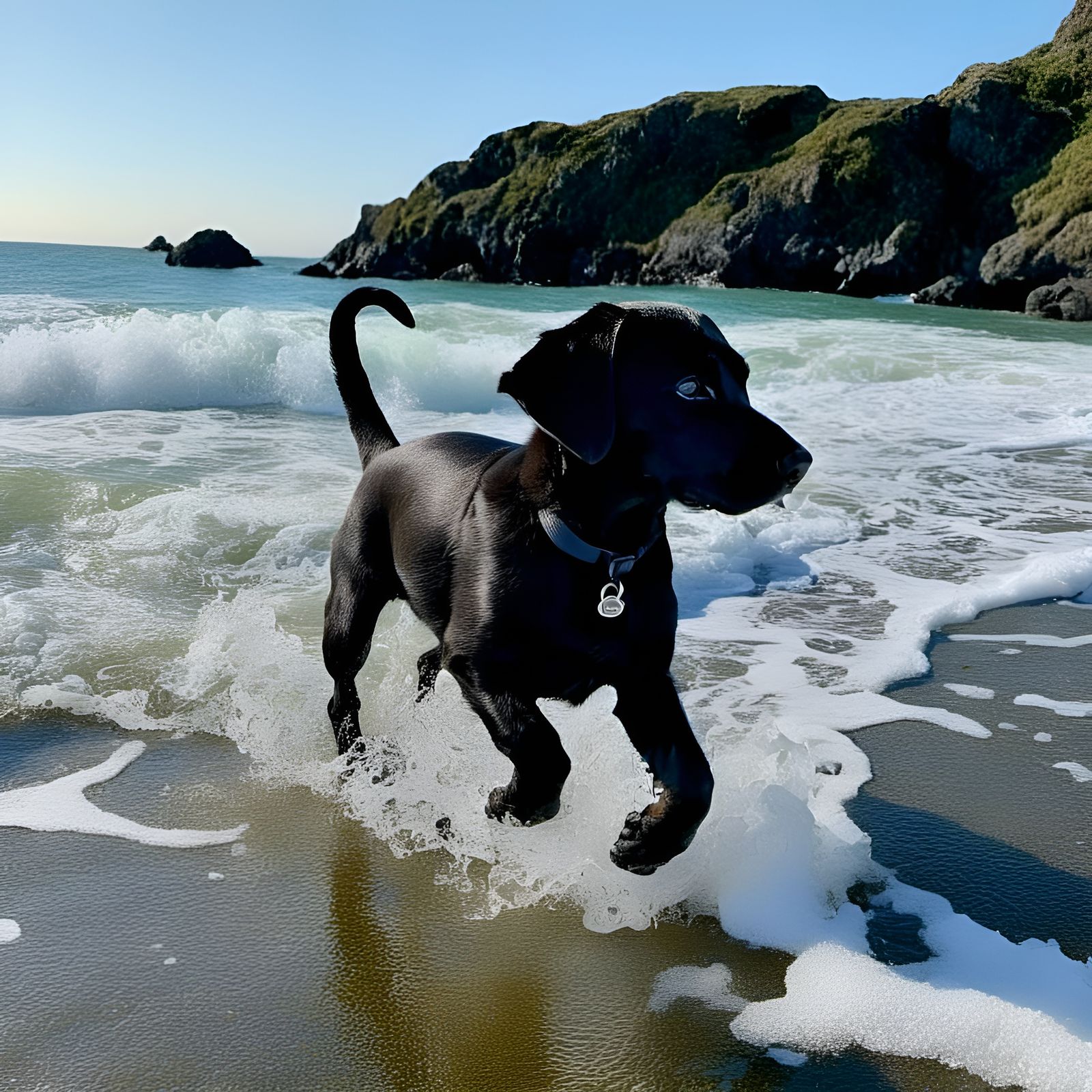 Cali Runs to the Ocean in Hyperrealistic Style
