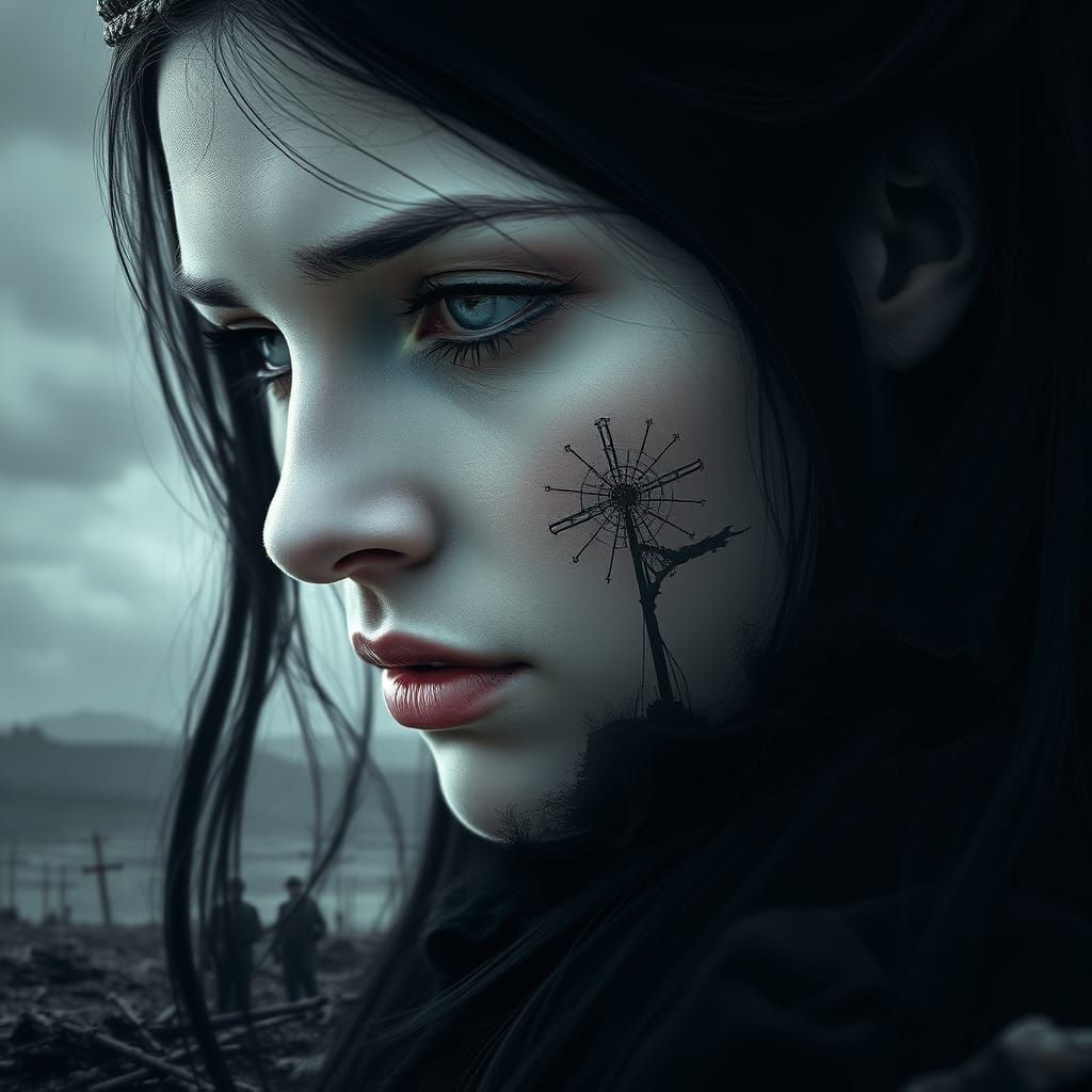 Ethereal Gothic Queen Amidst War-Torn Landscape