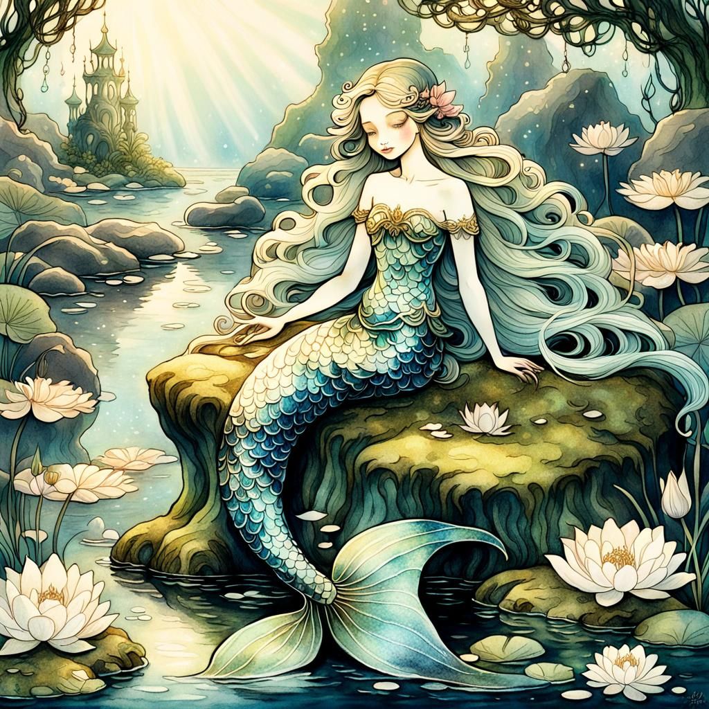 Victorian Mermaid on Moss Rock: Rackham-Inspired Illustratio...