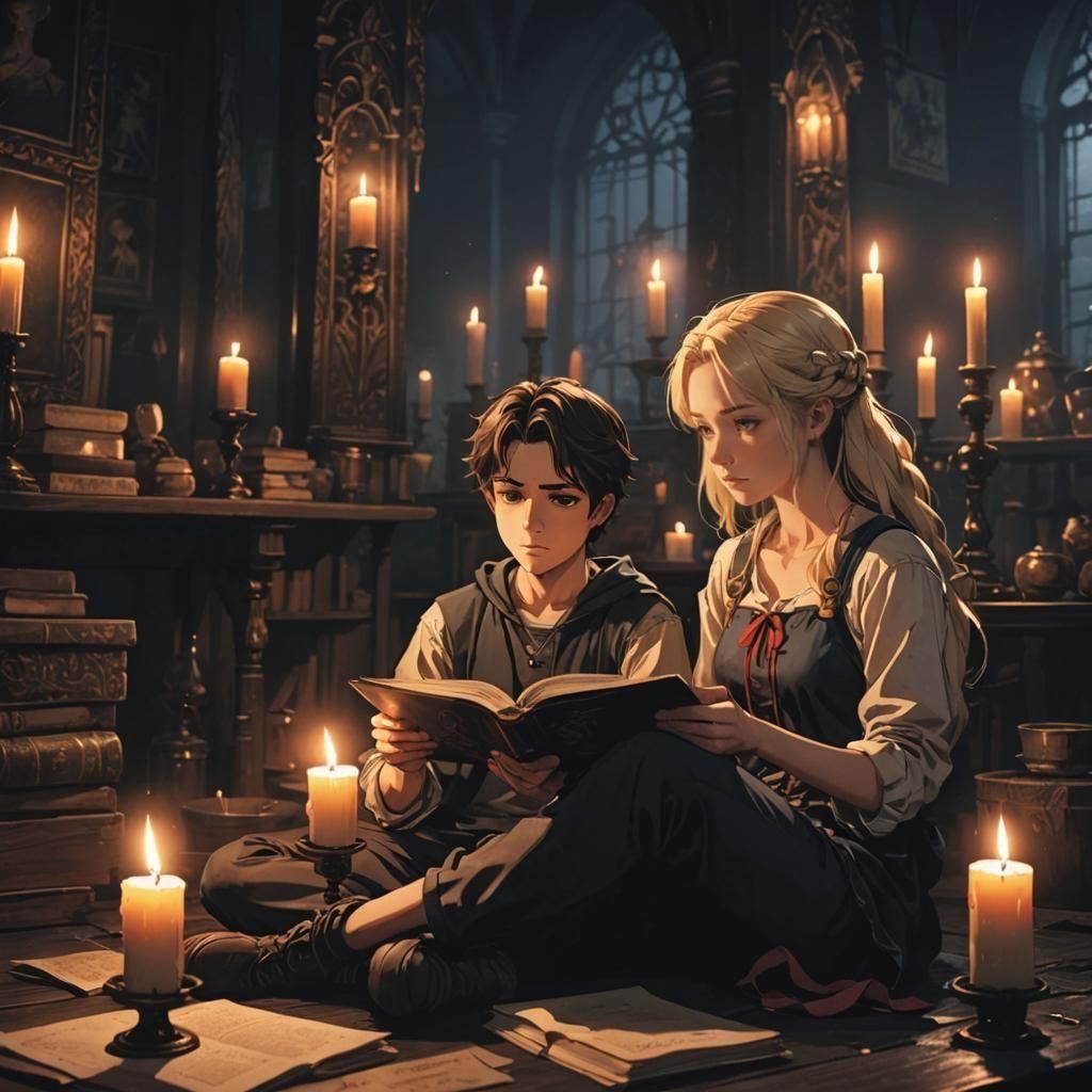 Children Reading by Candlelight in Anime Style