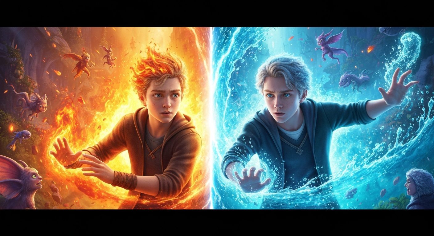 Twin Wizards Mastering Elemental Magic in Bubblepunk Style