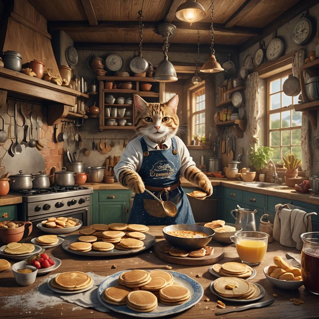 Cat Flips Pancakes in Country Kitchen: Matte Painting