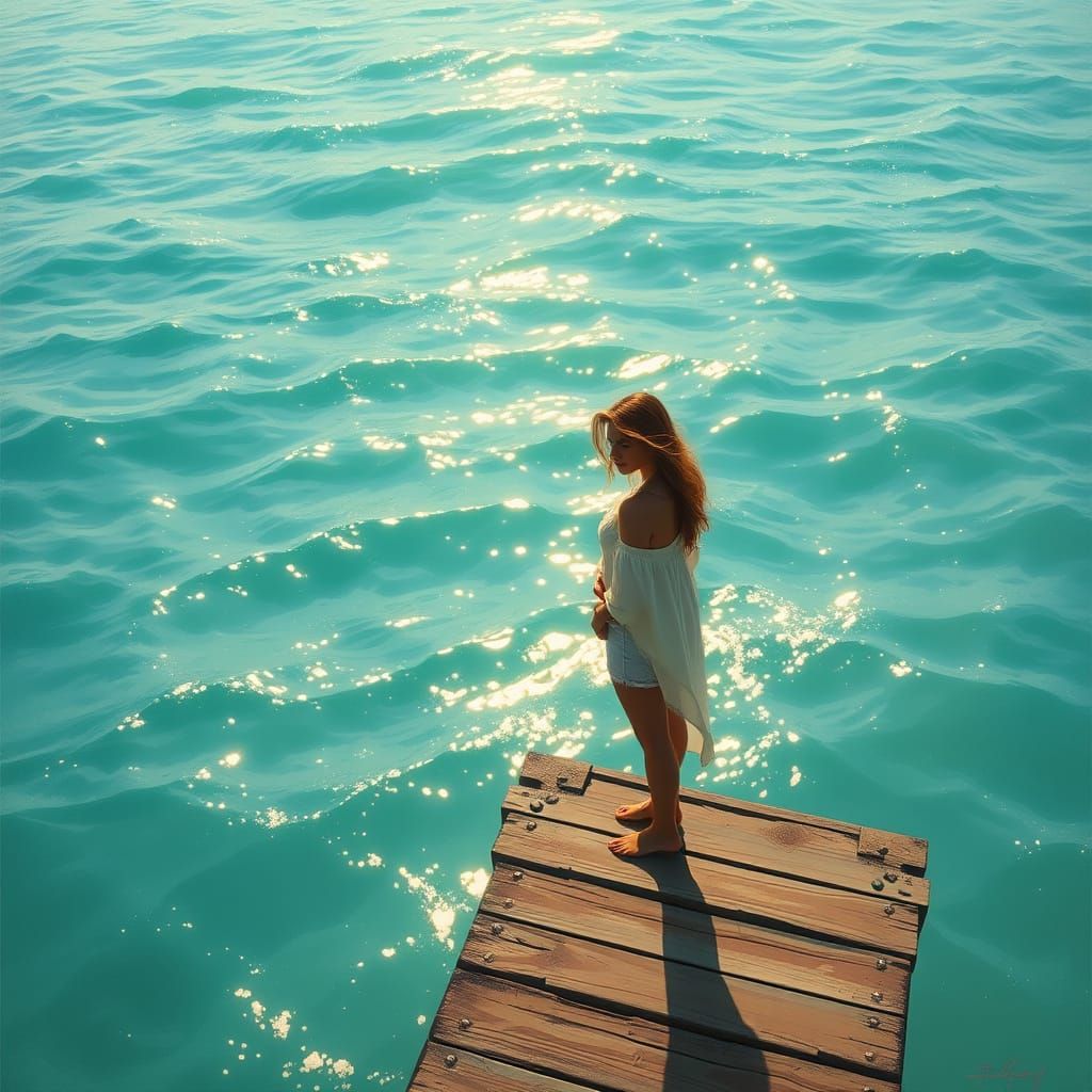 Woman Gazing at Turquoise Ocean, Ethereal Style