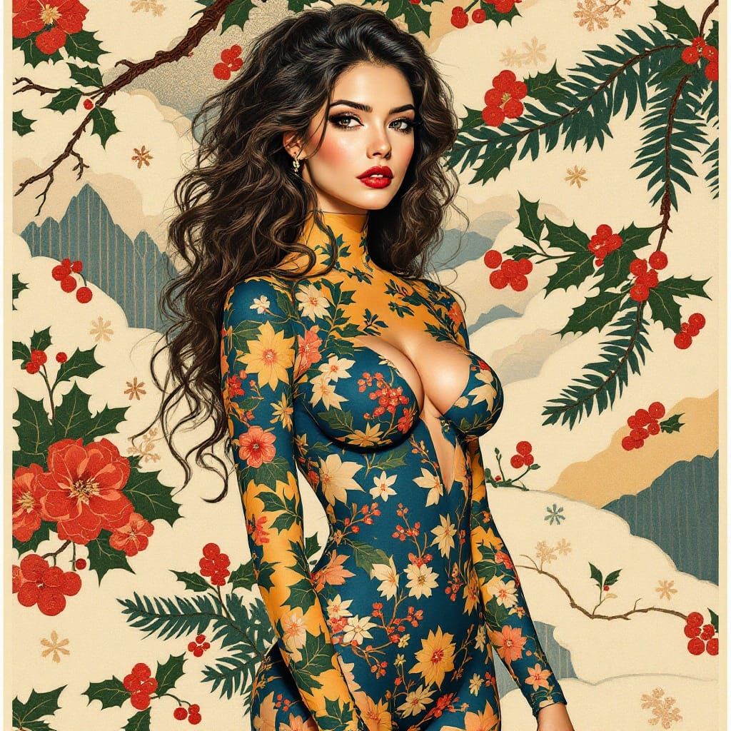 Midnight Frost Holiday Goddess in Traditional Japanese Woodb...