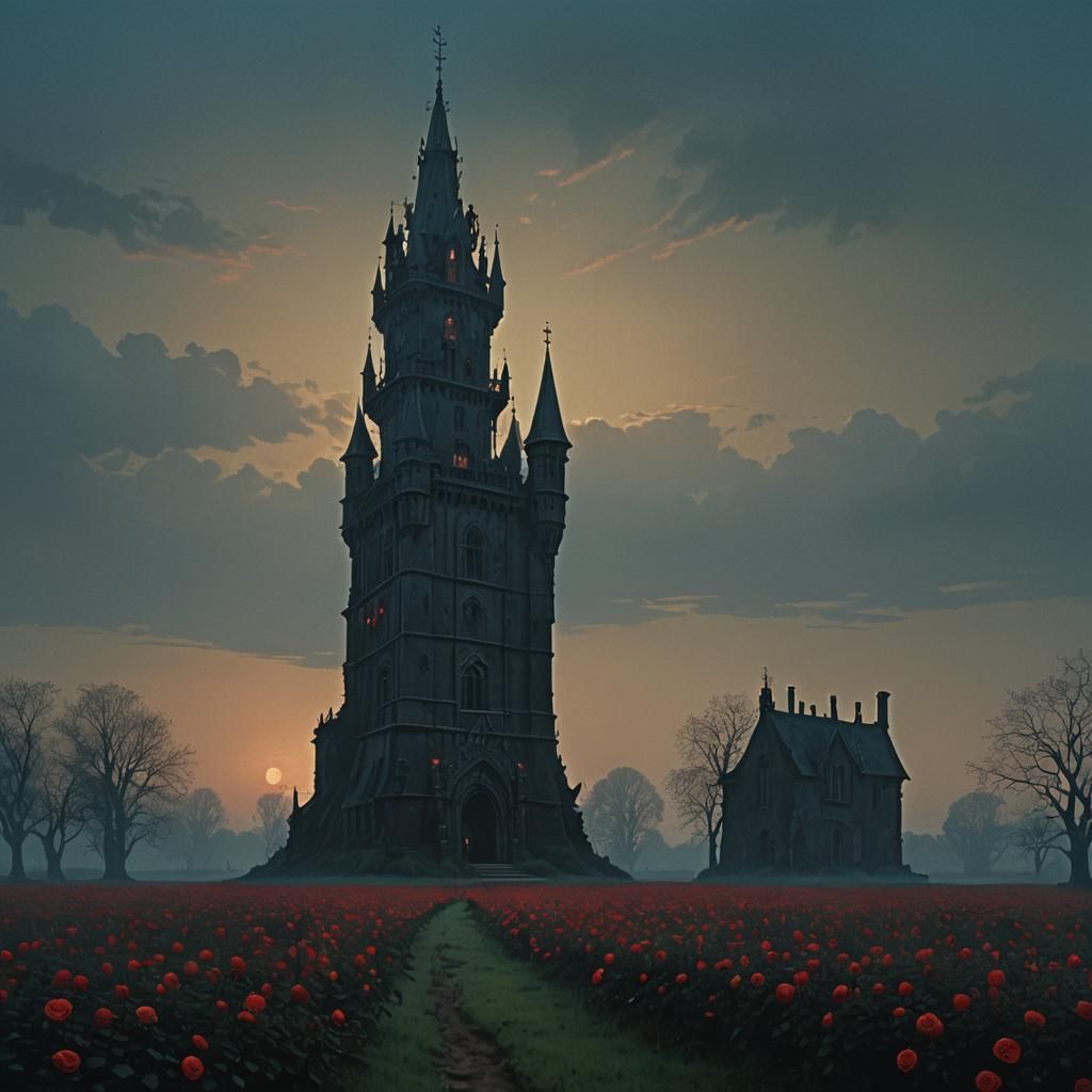 Gothic Black Tower in Rose Field, Dark Academia