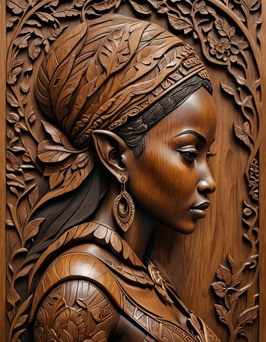 African Elf Woman Profile in Wood Relief
