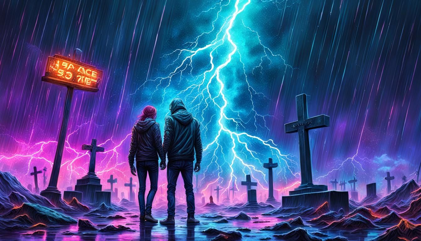 Neon Skeletons Embrace in Stormy Space Cemetery