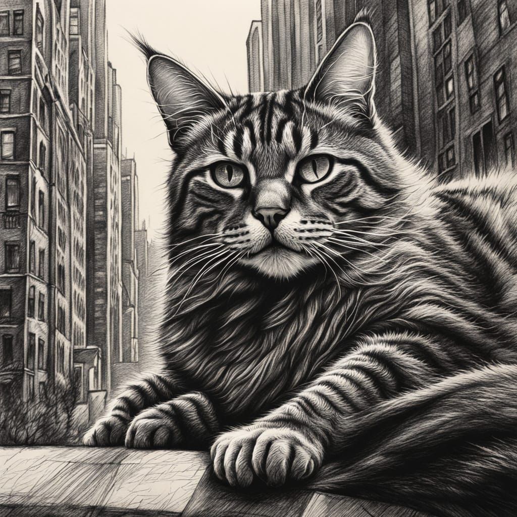 Colossal Tabby Cat Dominates Cityscape: Charcoal Drawing