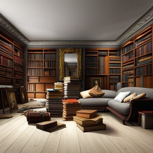 Hyperrealistic Book Piles in Living Room