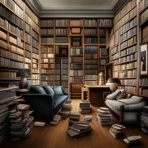 Hyperrealistic Book Piles in Living Room