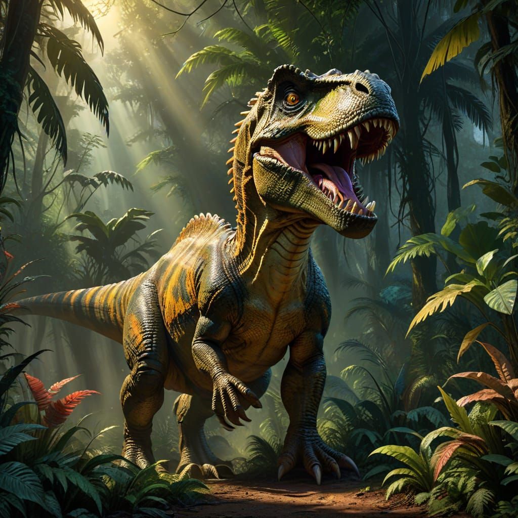 A Roaring T Rex Confronts Jackie in a Vibrant Jurassic Jungl...
