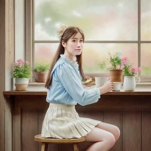 Whimsical Girl in Coffee Shop: Watercolor Portrait